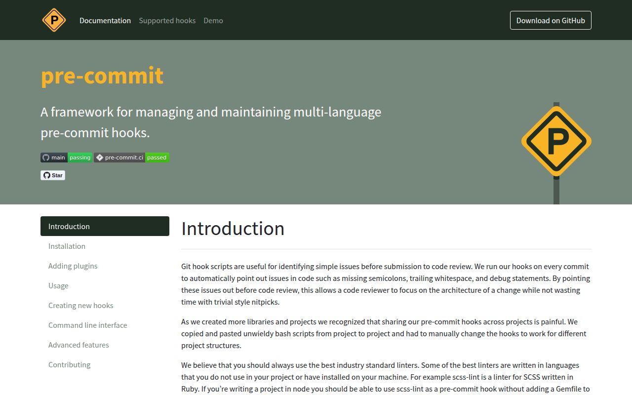 Screenshot of pre-commit documentation