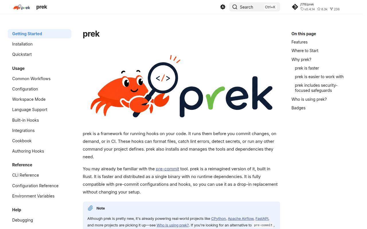 Screenshot of prek documentation