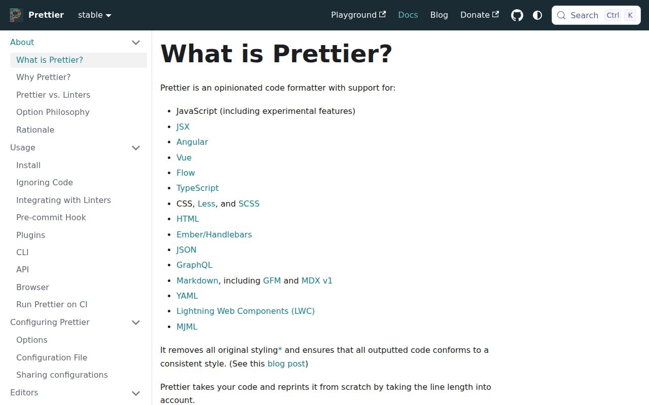 Screenshot of prettier documentation