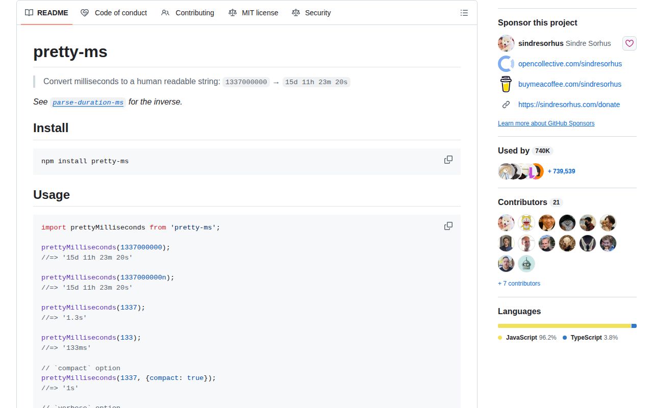 Screenshot of pretty-ms documentation
