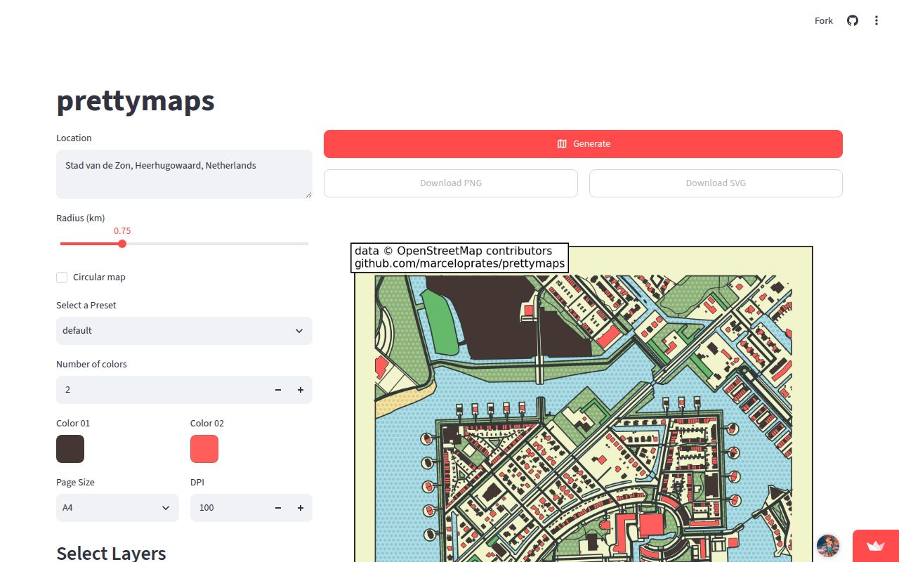 Screenshot of prettymaps (prettymaps.streamlit.app)