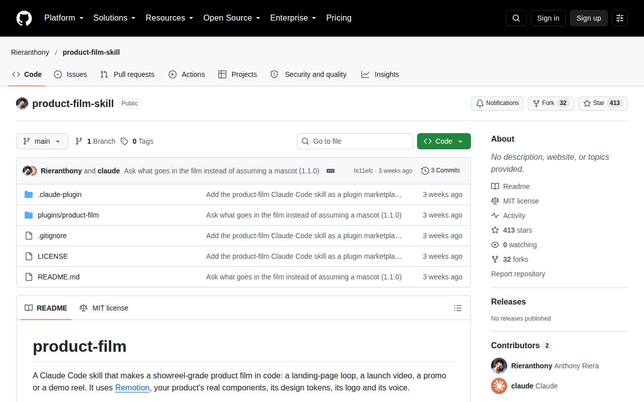 Screenshot of product-film-skill (github.com/Rieranthony/product-film-skill)
