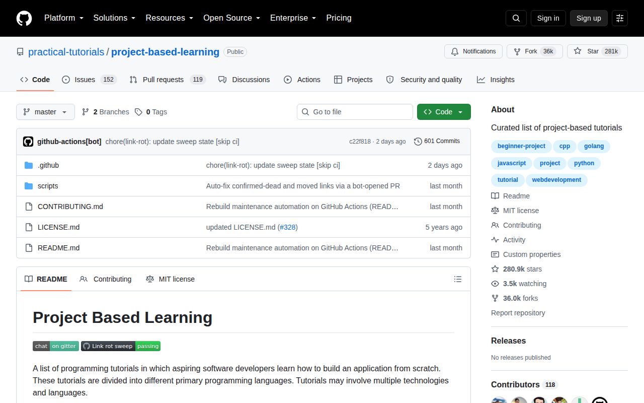 Screenshot of project-based-learning (github.com/practical-tutorials/project-based-learning)