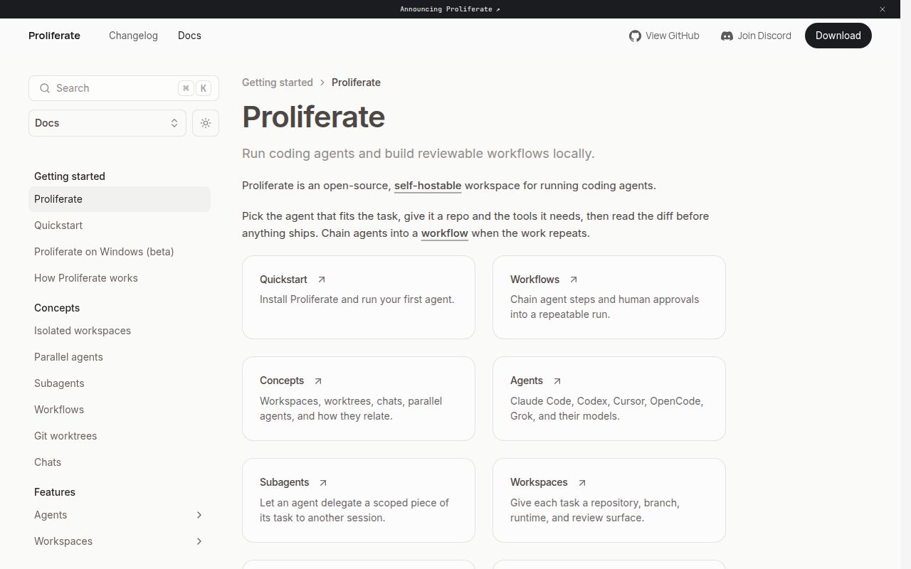 Screenshot of proliferate (proliferate.com/docs)