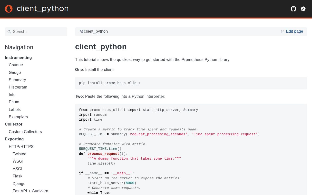Screenshot of prometheus-client documentation
