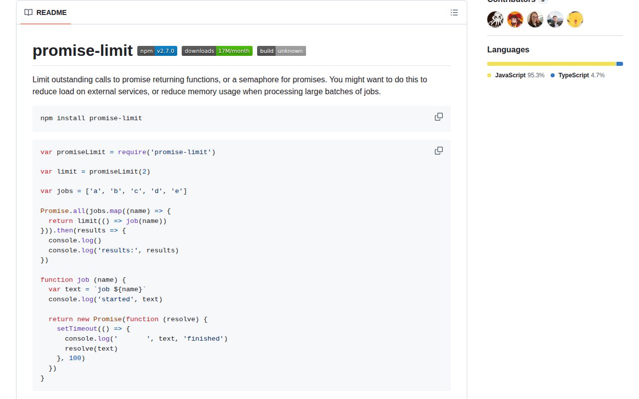 Screenshot of promise-limit documentation