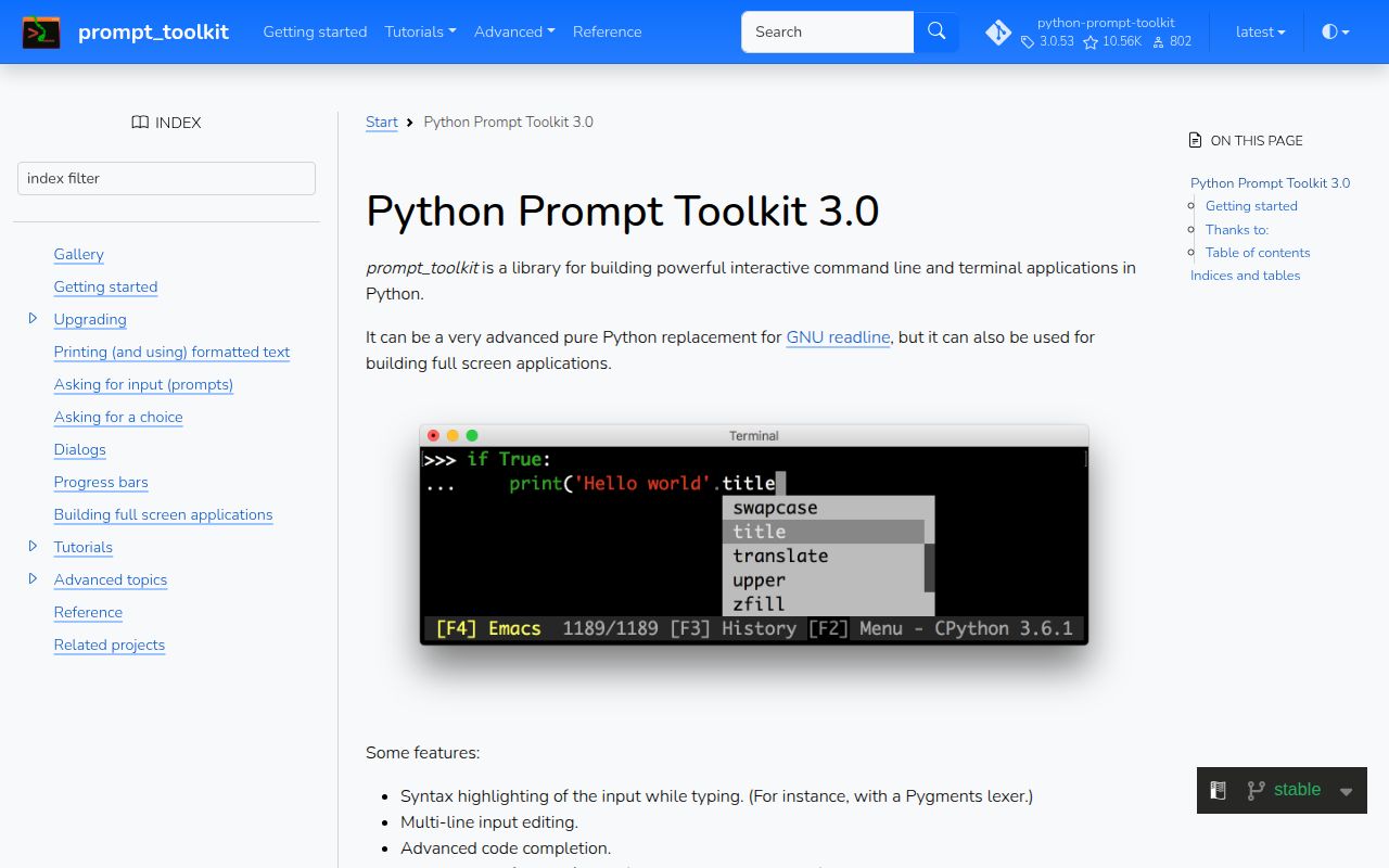Screenshot of prompt-toolkit documentation
