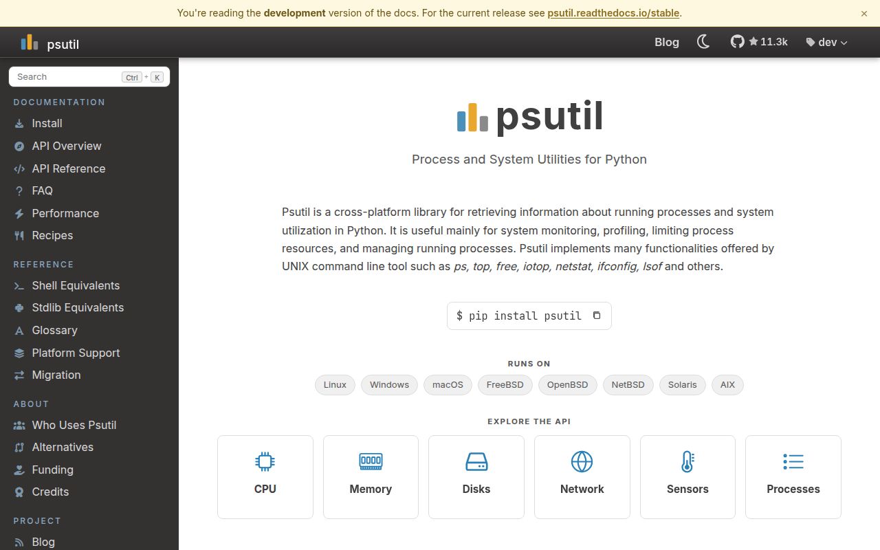Screenshot of psutil documentation
