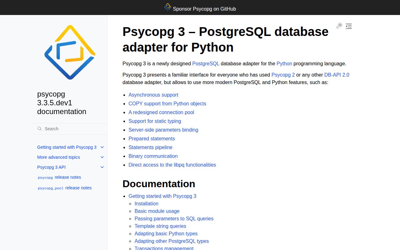 Screenshot of psycopg documentation