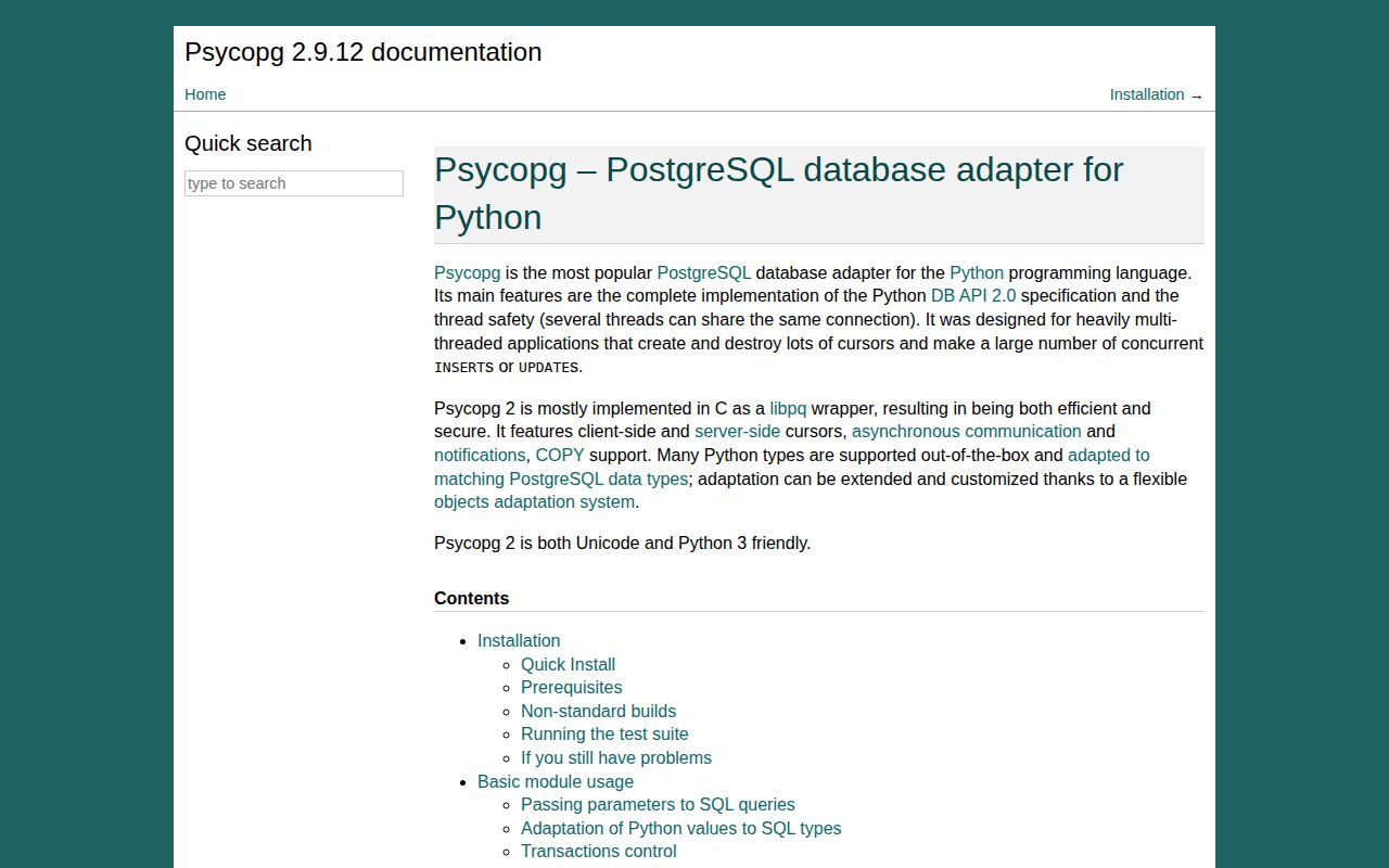 Screenshot of psycopg2-binary documentation