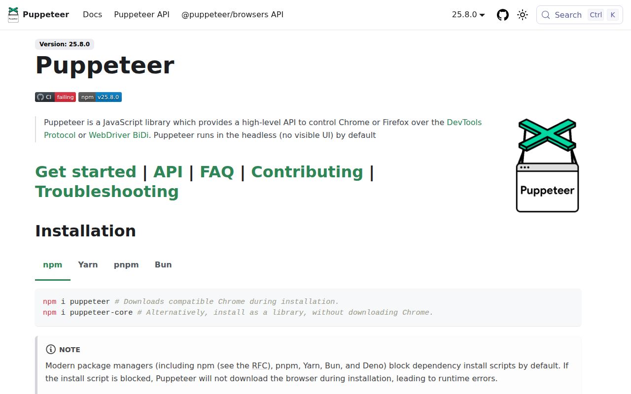 Screenshot of puppeteer documentation
