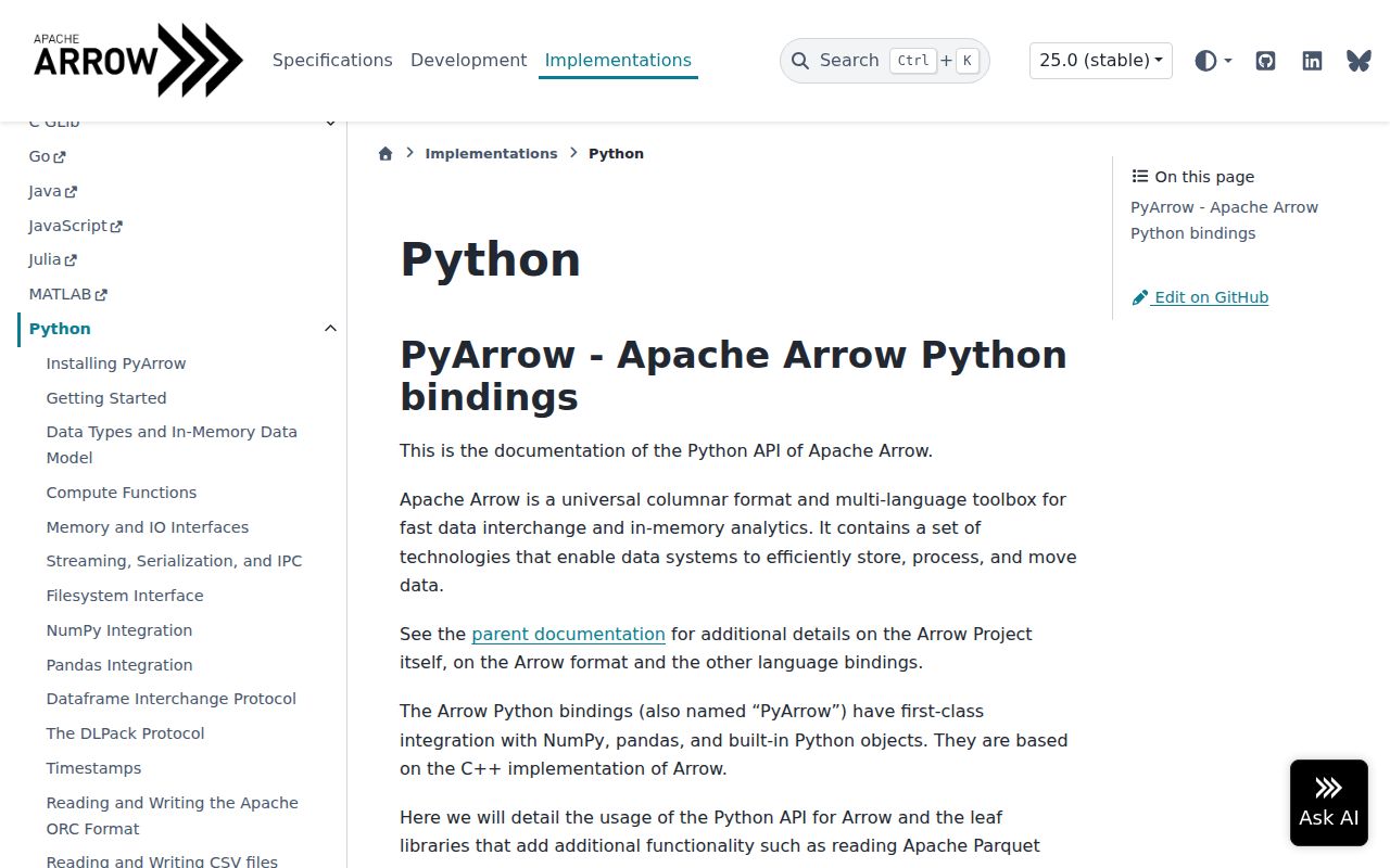 Screenshot of pyarrow documentation
