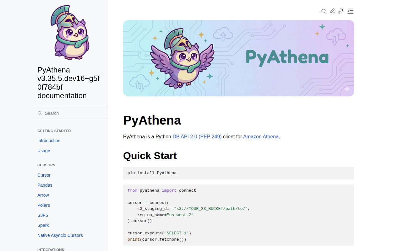 Screenshot of pyathena documentation