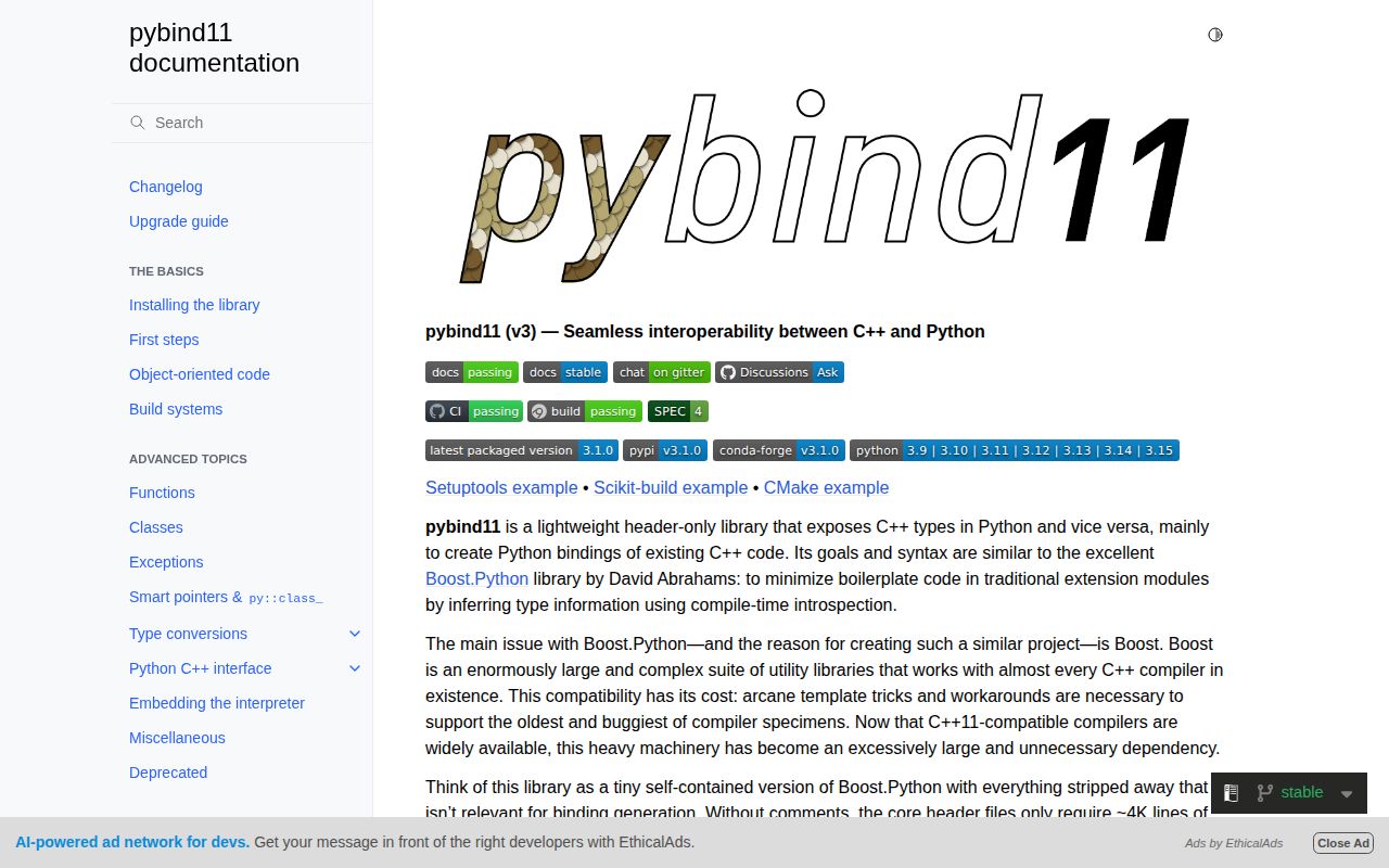 Screenshot of pybind11 documentation