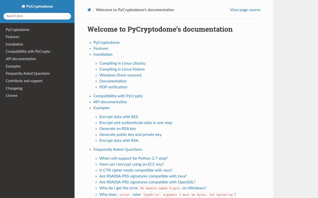Screenshot of pycryptodome documentation
