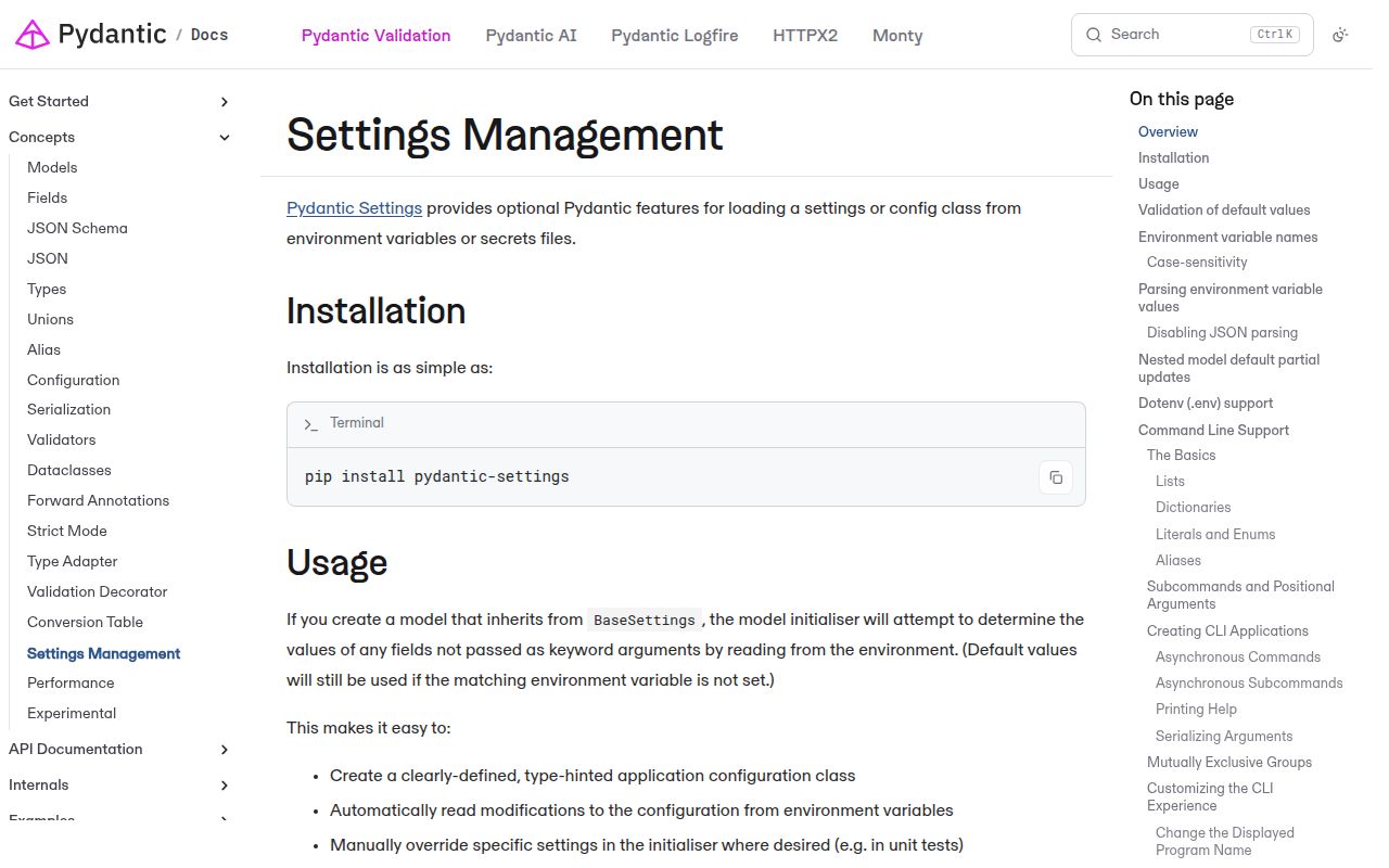 Screenshot of pydantic-settings documentation