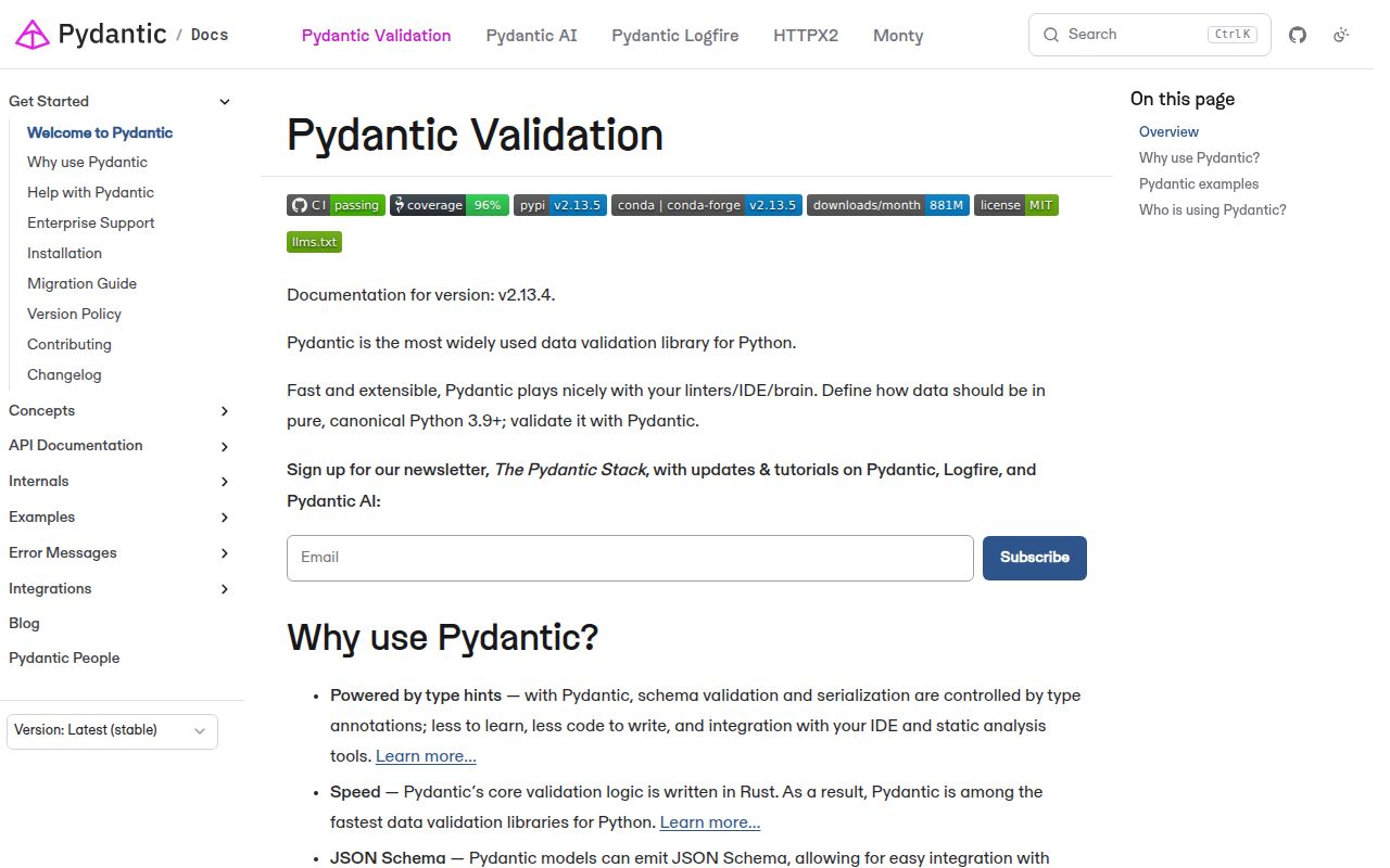 Screenshot of pydantic (pydantic.dev/docs/validation)