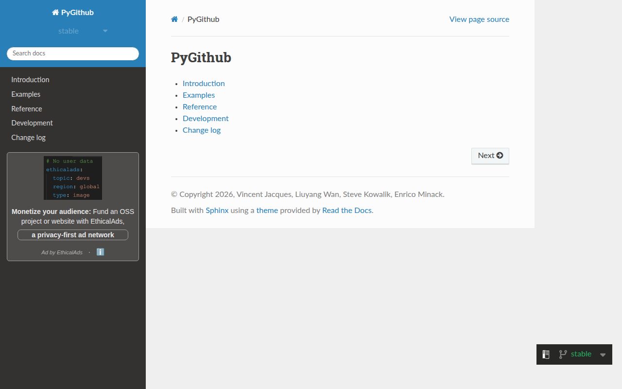 Screenshot of PyGithub documentation