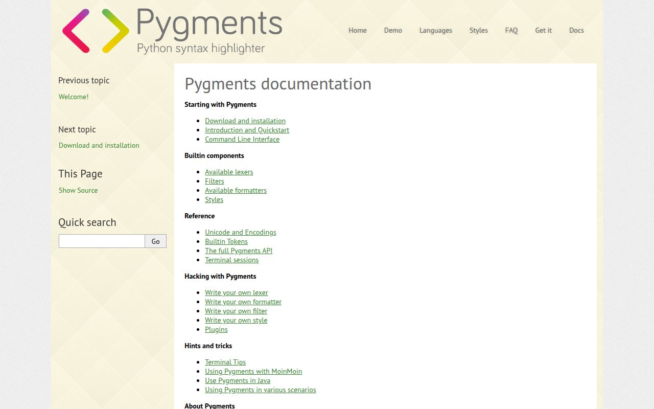 Screenshot of pygments documentation