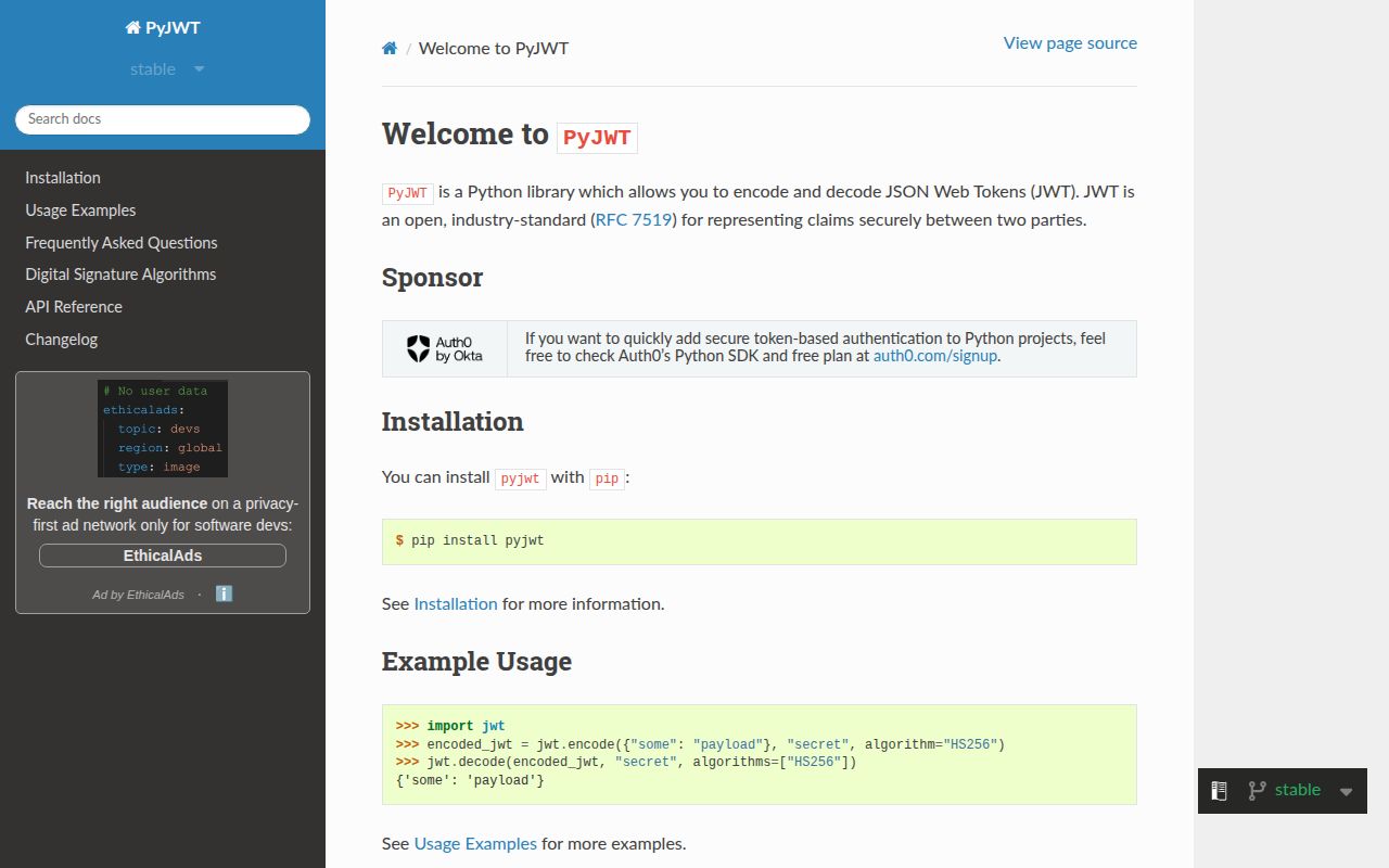 Screenshot of pyjwt documentation
