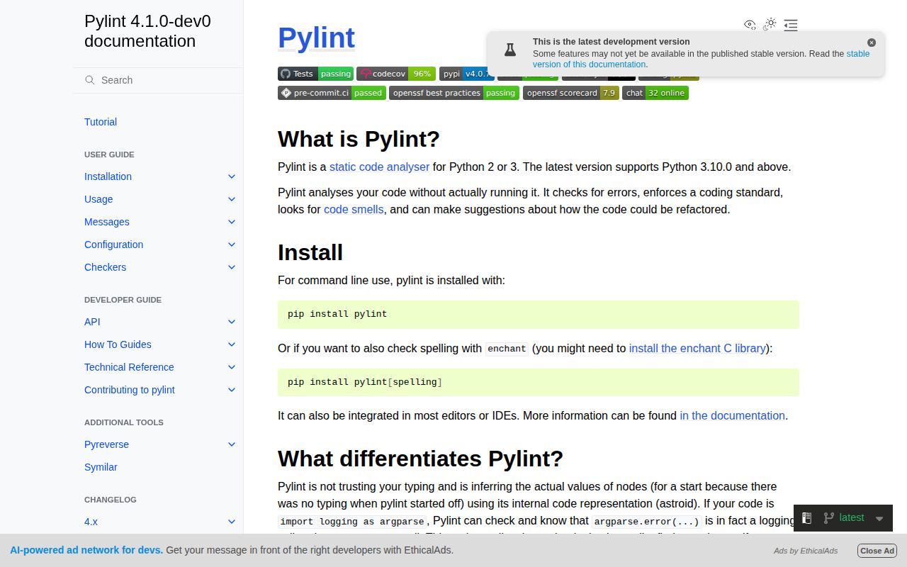 Screenshot of pylint documentation