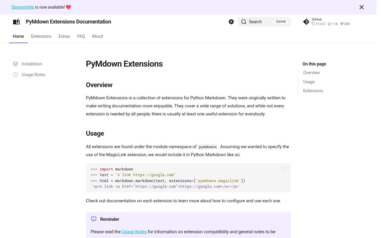 Screenshot of pymdown-extensions documentation