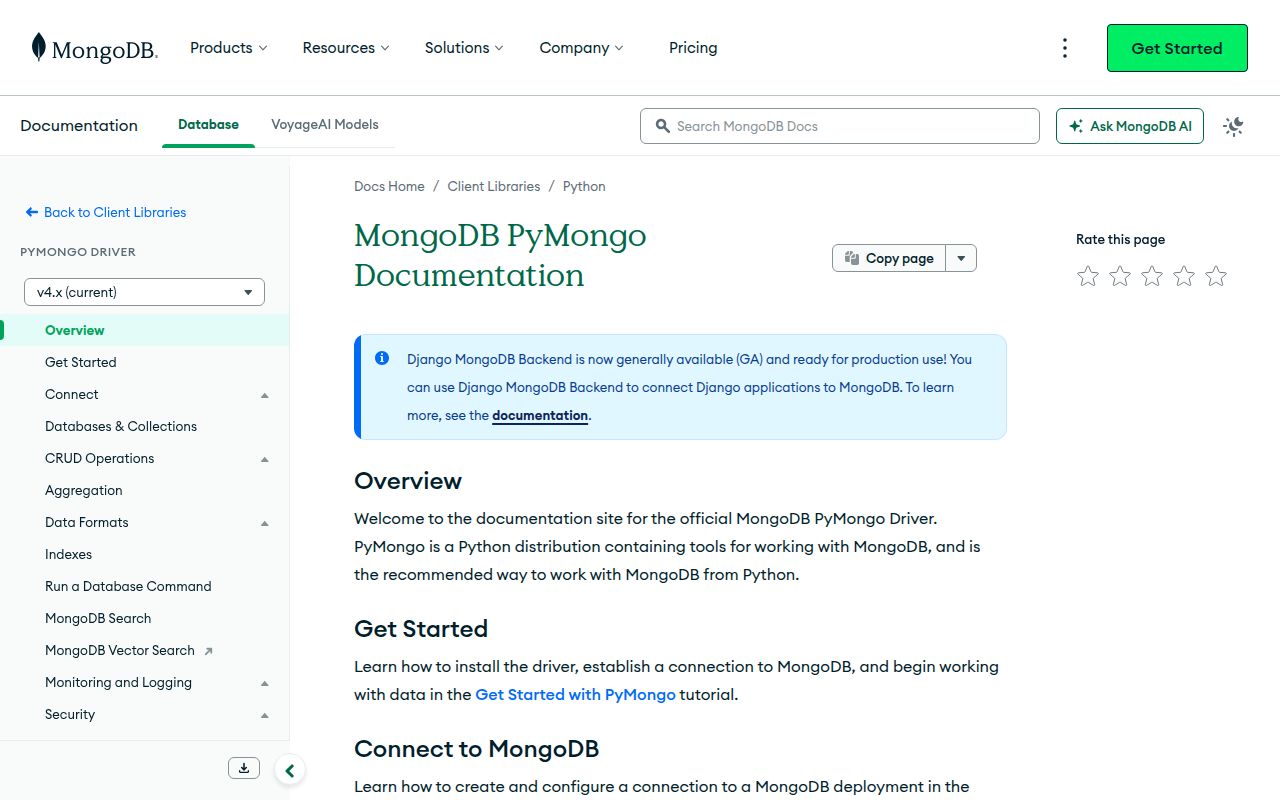 Screenshot of pymongo documentation