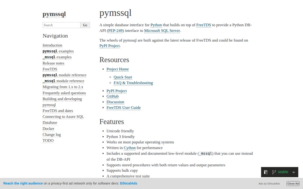 Screenshot of pymssql documentation