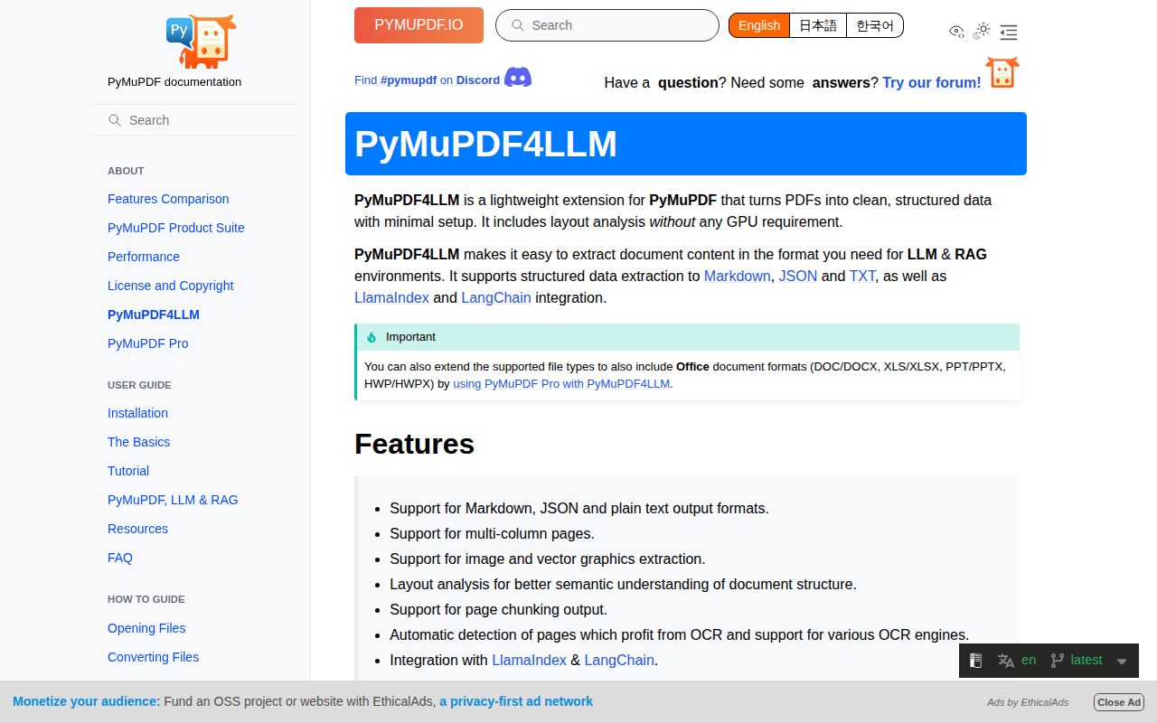 Screenshot of pymupdf4llm documentation