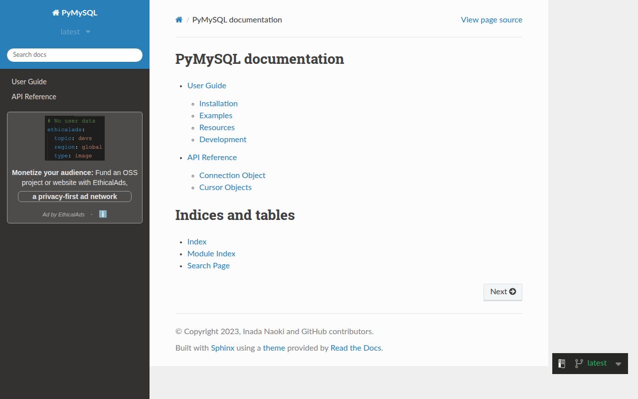 Screenshot of PyMySQL documentation