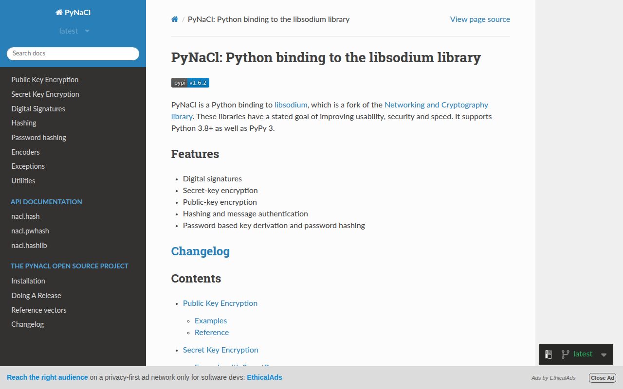 Screenshot of PyNaCl documentation