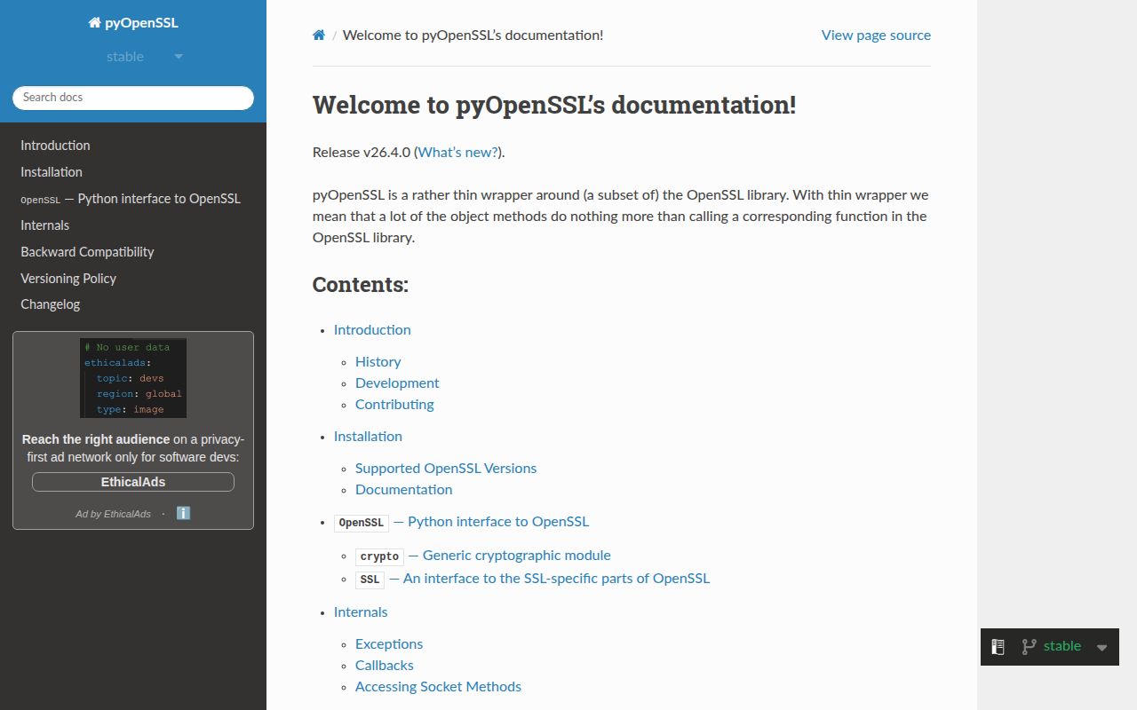 Screenshot of pyOpenSSL documentation