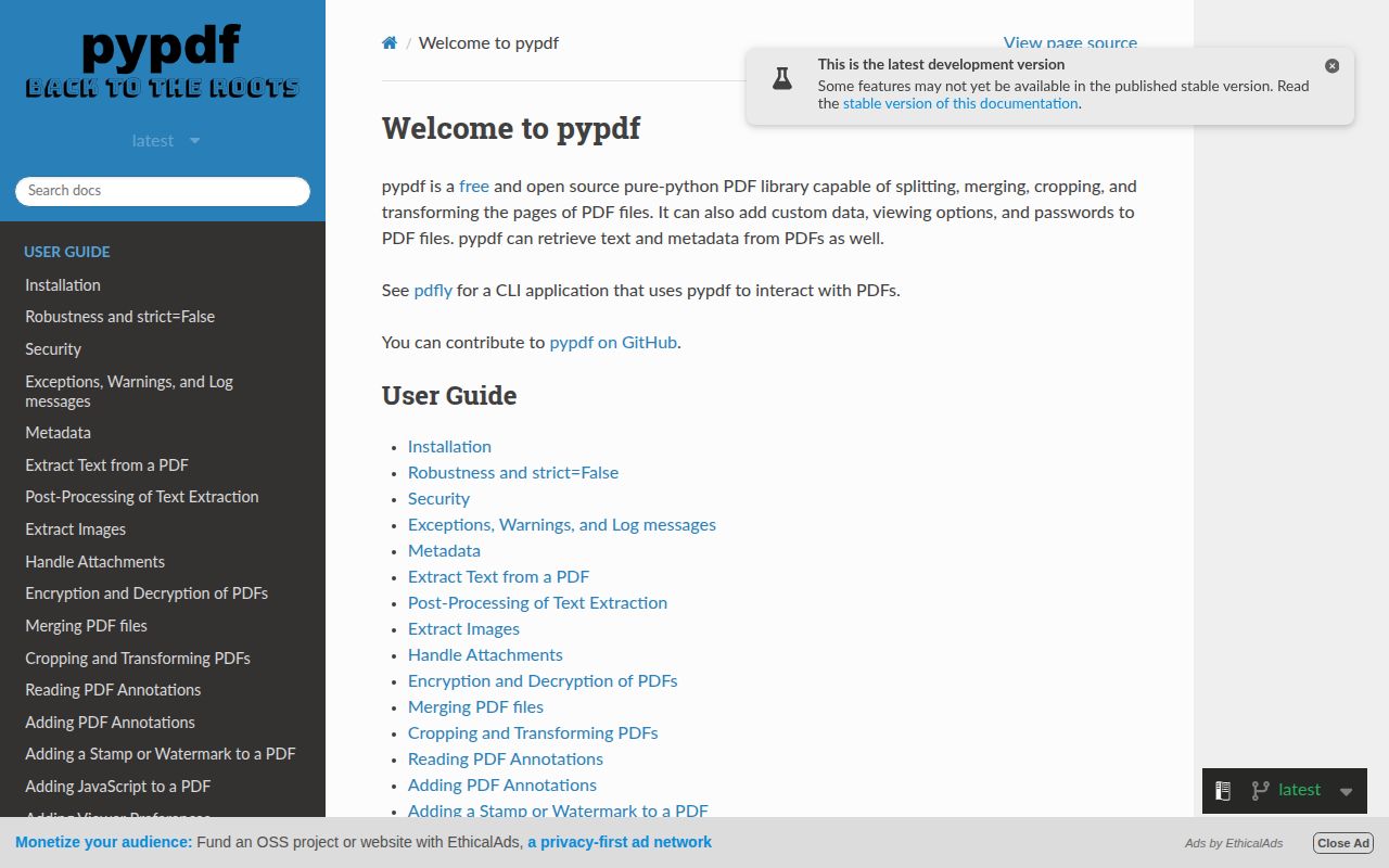 Screenshot of pypdf documentation