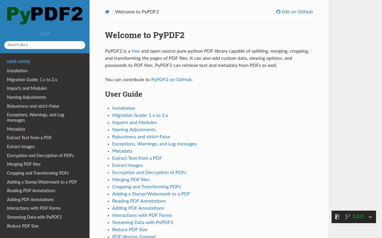 Screenshot of PyPDF2 documentation