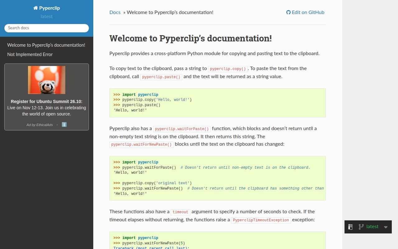 Screenshot of pyperclip documentation
