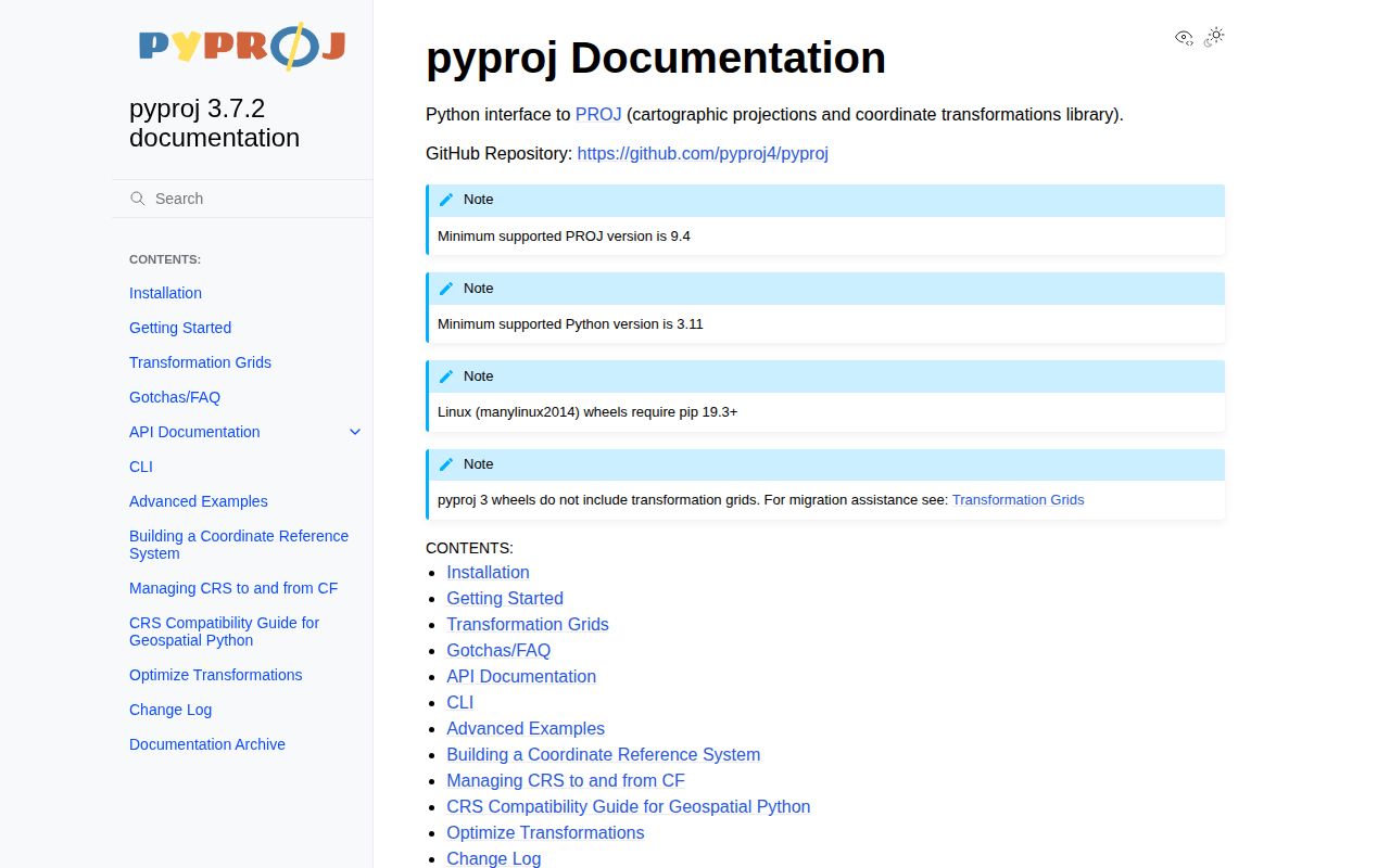 Screenshot of pyproj documentation