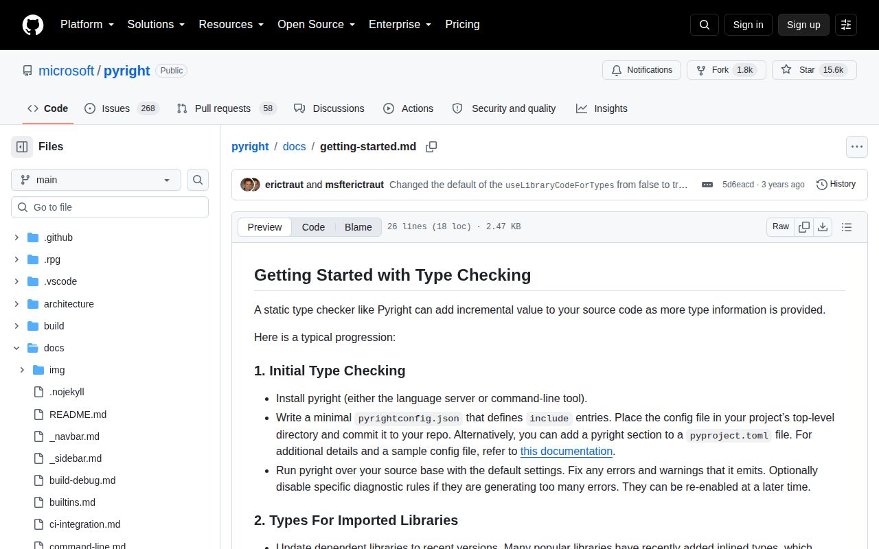 Screenshot of pyright documentation