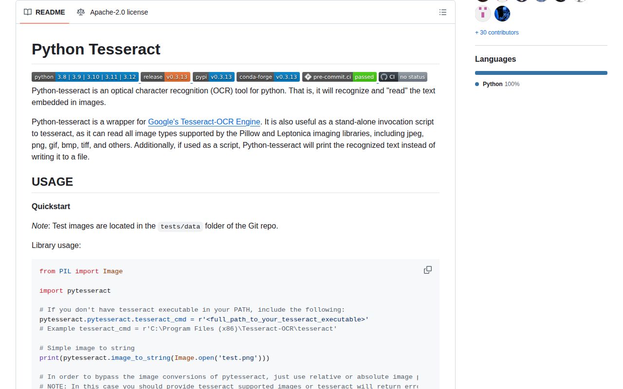 Screenshot of pytesseract documentation