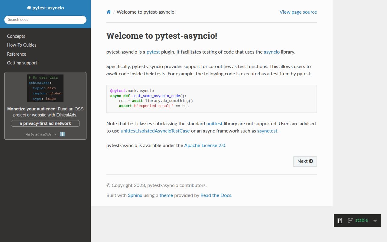 Screenshot of pytest-asyncio documentation