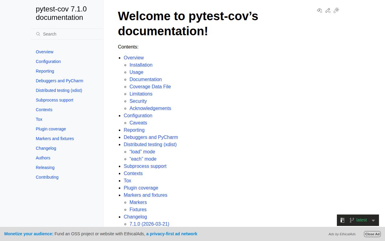 Screenshot of pytest-cov documentation
