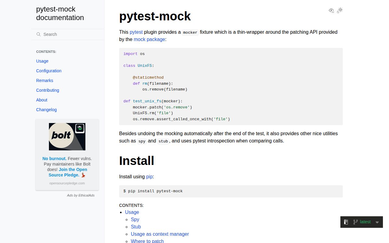 Screenshot of pytest-mock documentation