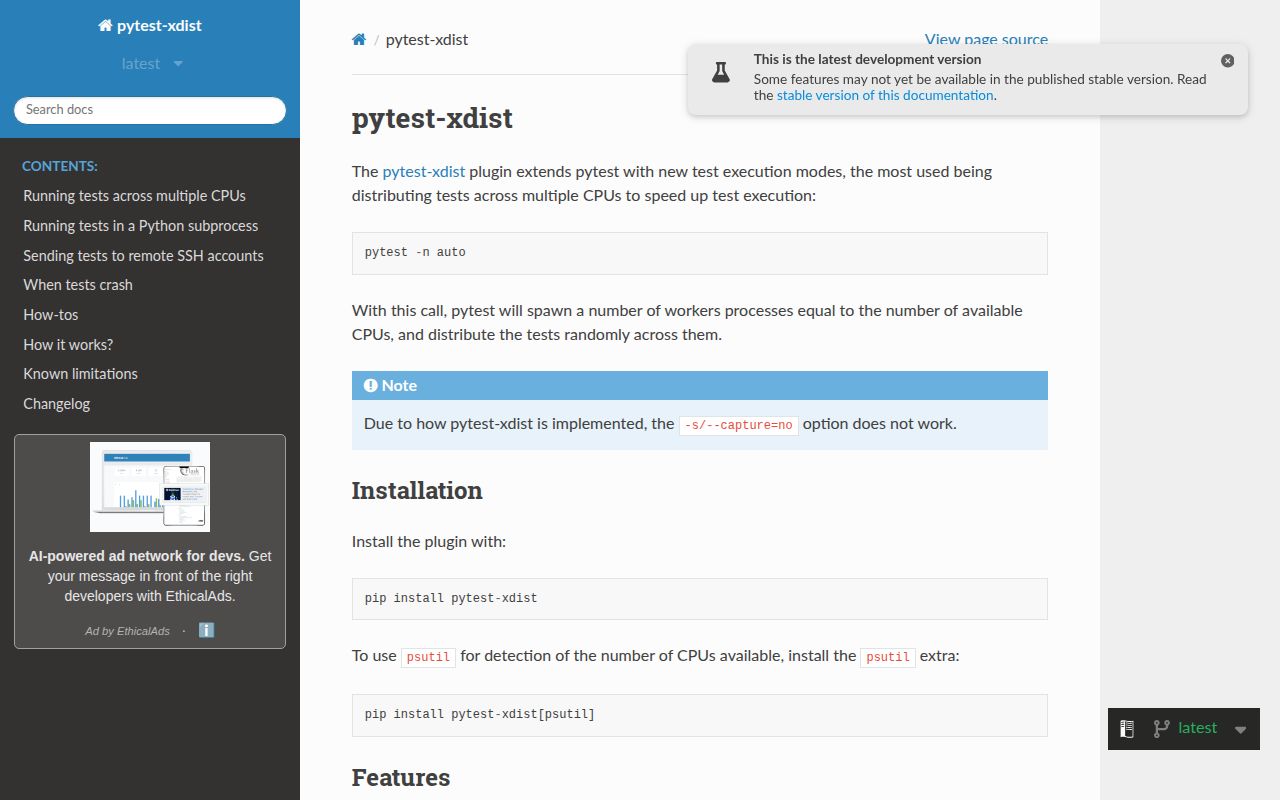 Screenshot of pytest-xdist documentation