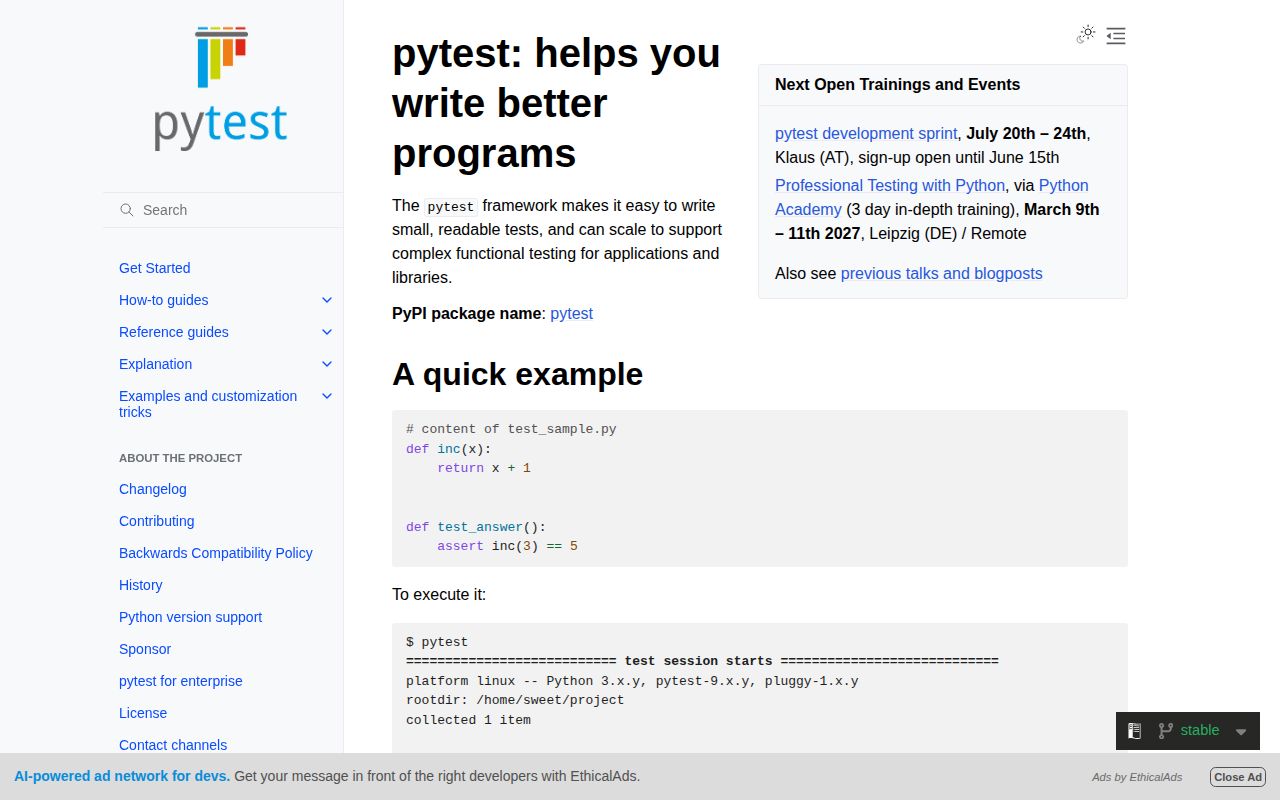 Screenshot of pytest documentation