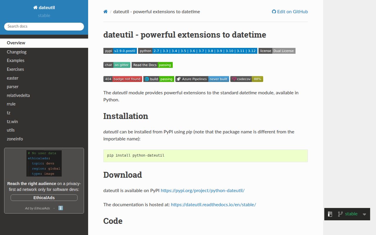 Screenshot of python-dateutil documentation