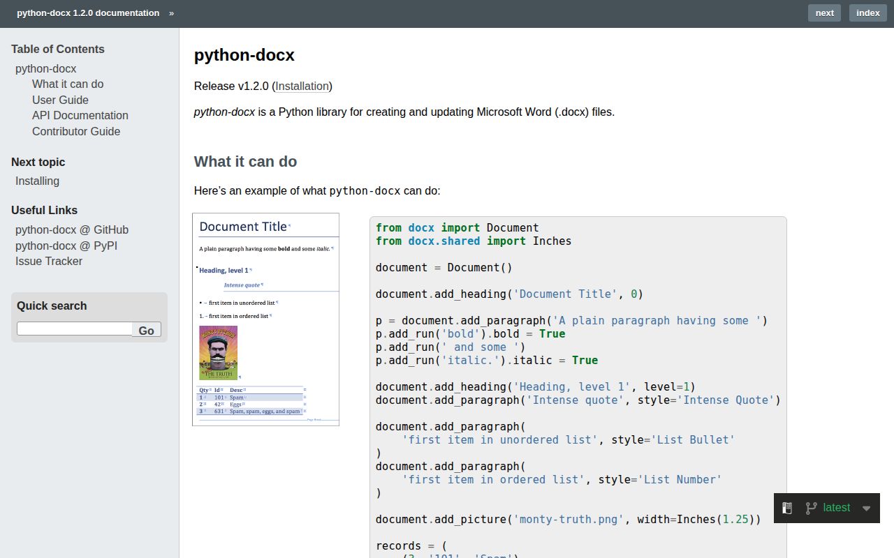 Screenshot of python-docx documentation