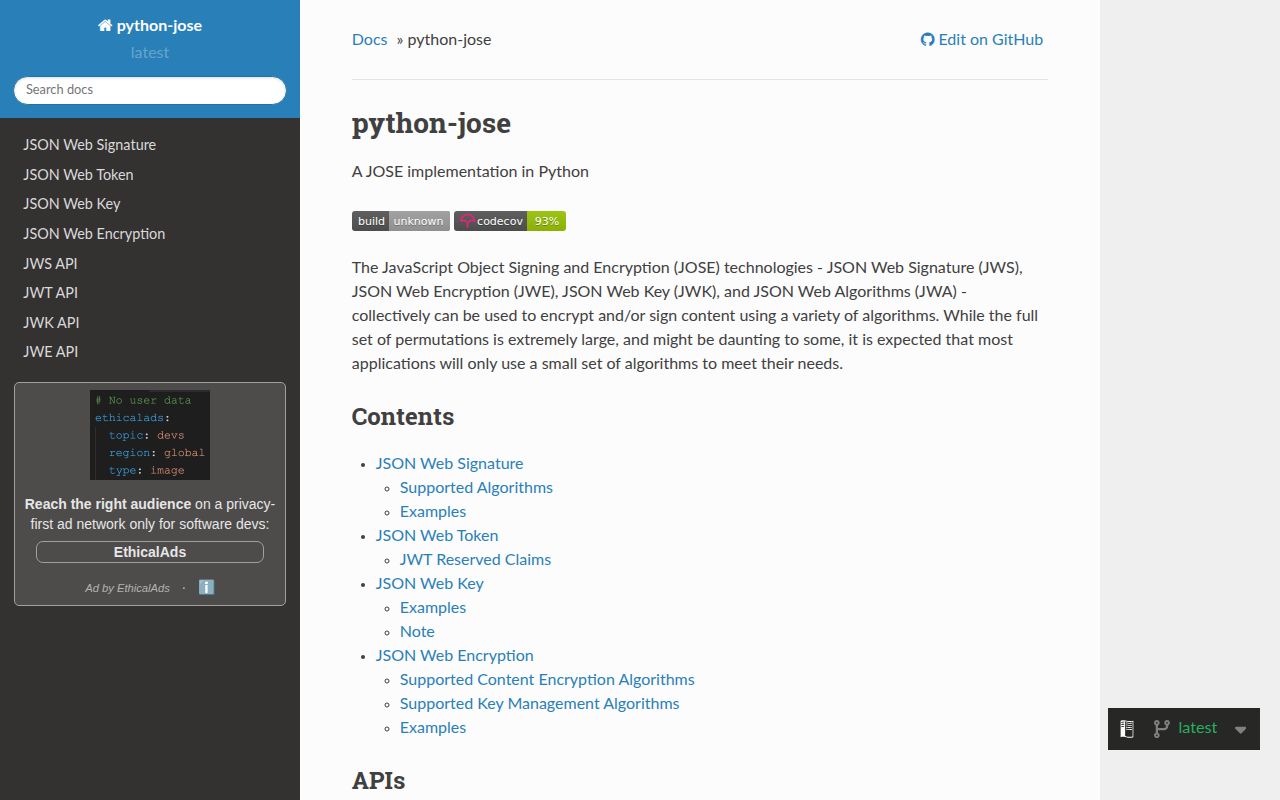 Screenshot of python-jose documentation