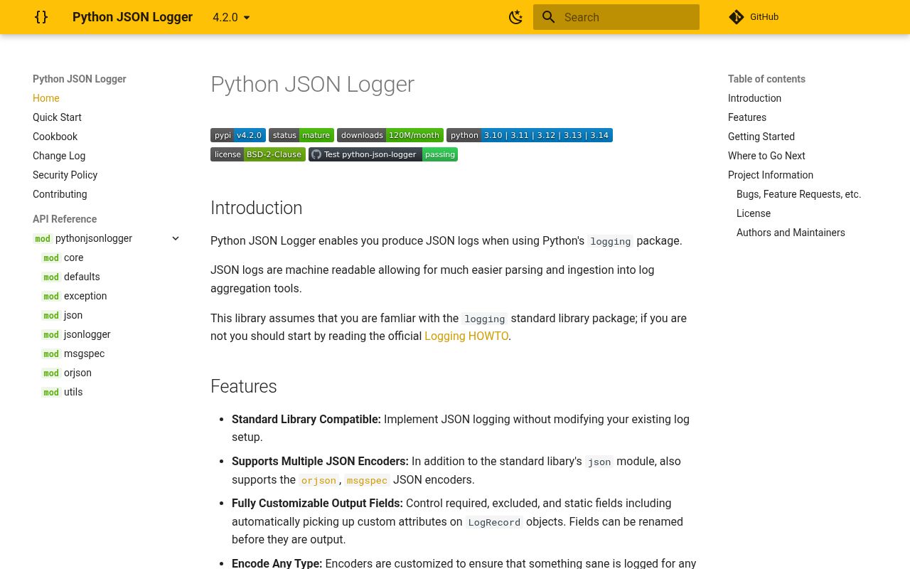 Screenshot of python-json-logger documentation