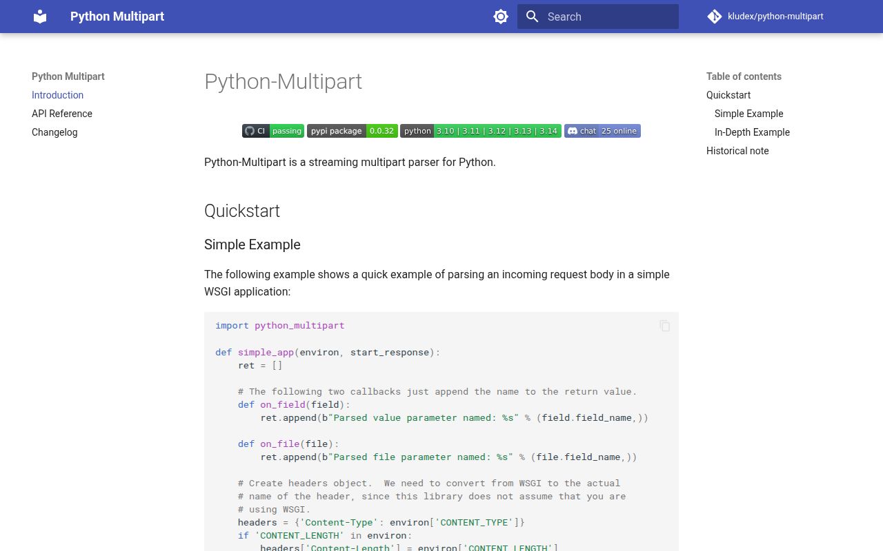 Screenshot of python-multipart documentation