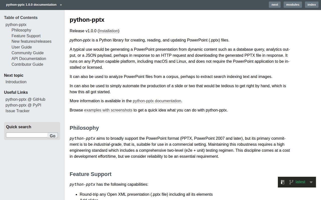 Screenshot of python-pptx documentation