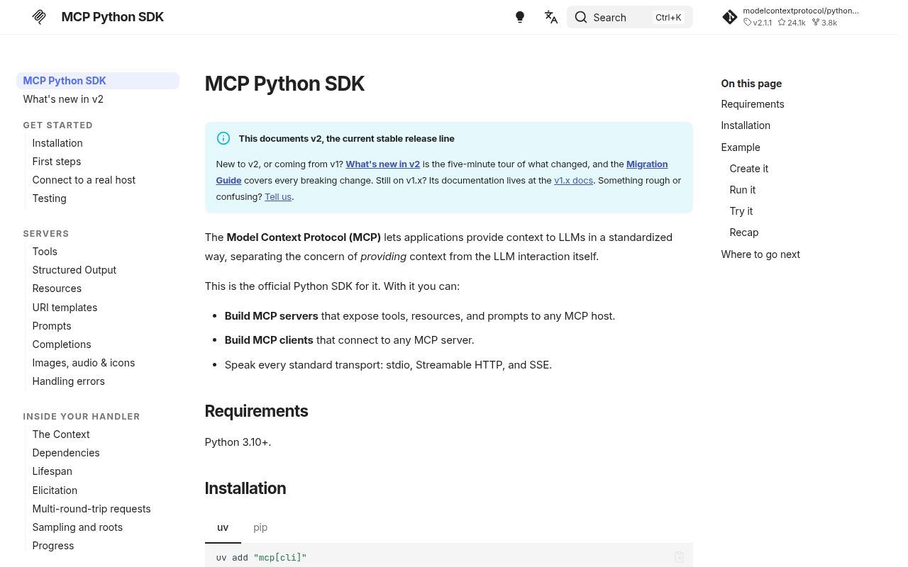 Screenshot of python-sdk (py.sdk.modelcontextprotocol.io)